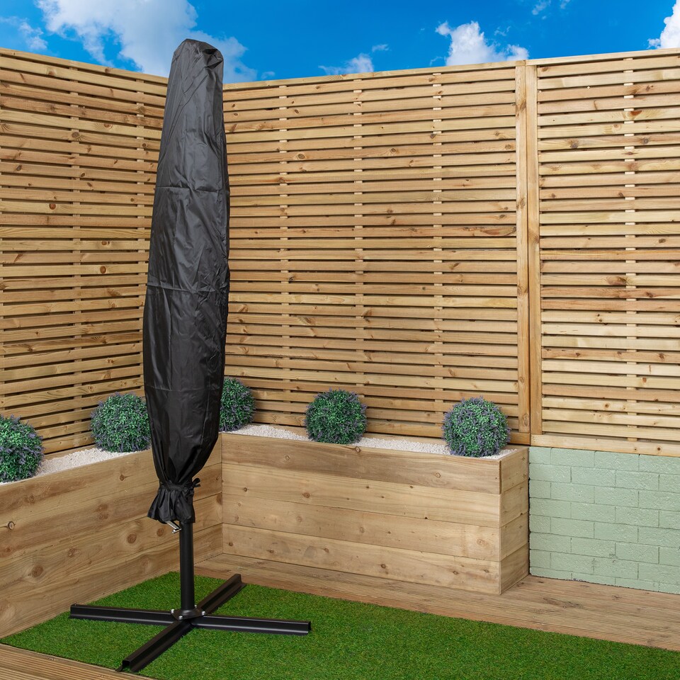 image 1 of 3m Cantilever Banana Blue Parasol. Crank Handle & Parasol Base Weights