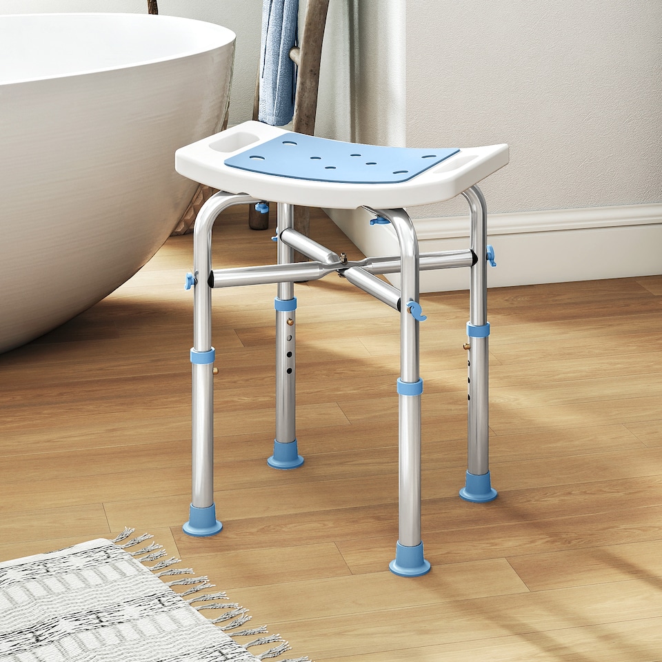 image 1 of HOMCOM Shower Chair for the Elderly and Disabled, Adjustable Padded Shower Stool with Built-in Handle and Non-slip Suction Foot Pads, Light Blue | Blue