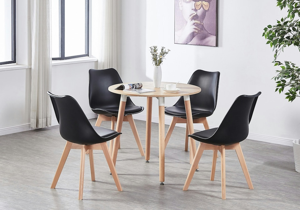 image 1 of 5PCs Dining Set - an Oak Round Dining Table & Set of 4 White Lorenzo Tulip chairs with Padded Seat | Black