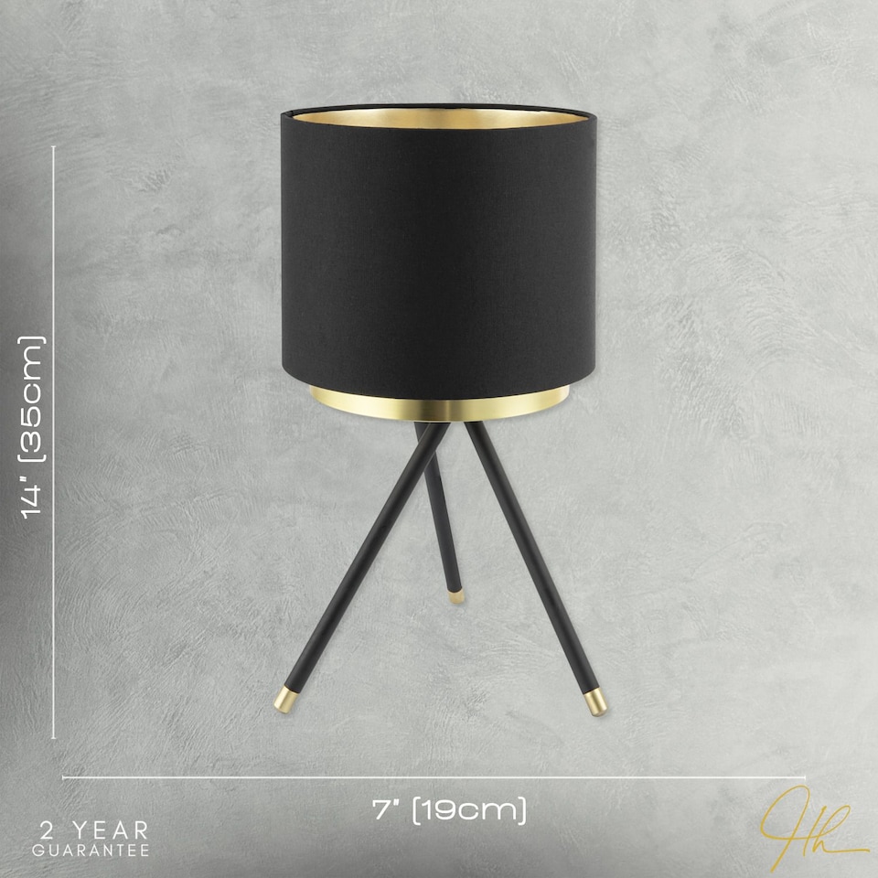 image 1 of Black Tripod Table Lamp with Gold Metal Ring and Cotton Drum Shade