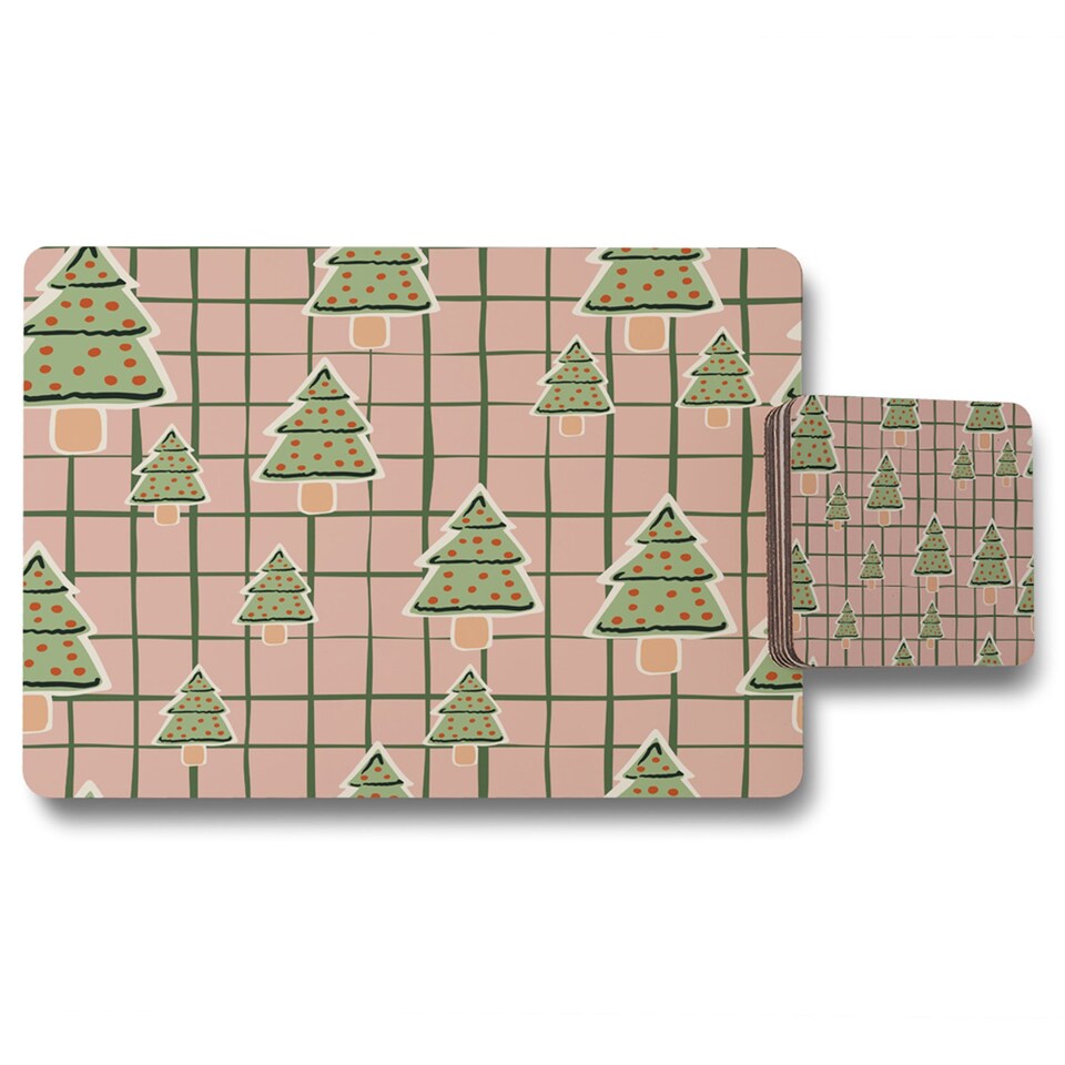 image 1 of Placemat And Coaster Set Christmas Tree Print With Wood Bottom Limited Edition Exclusive
