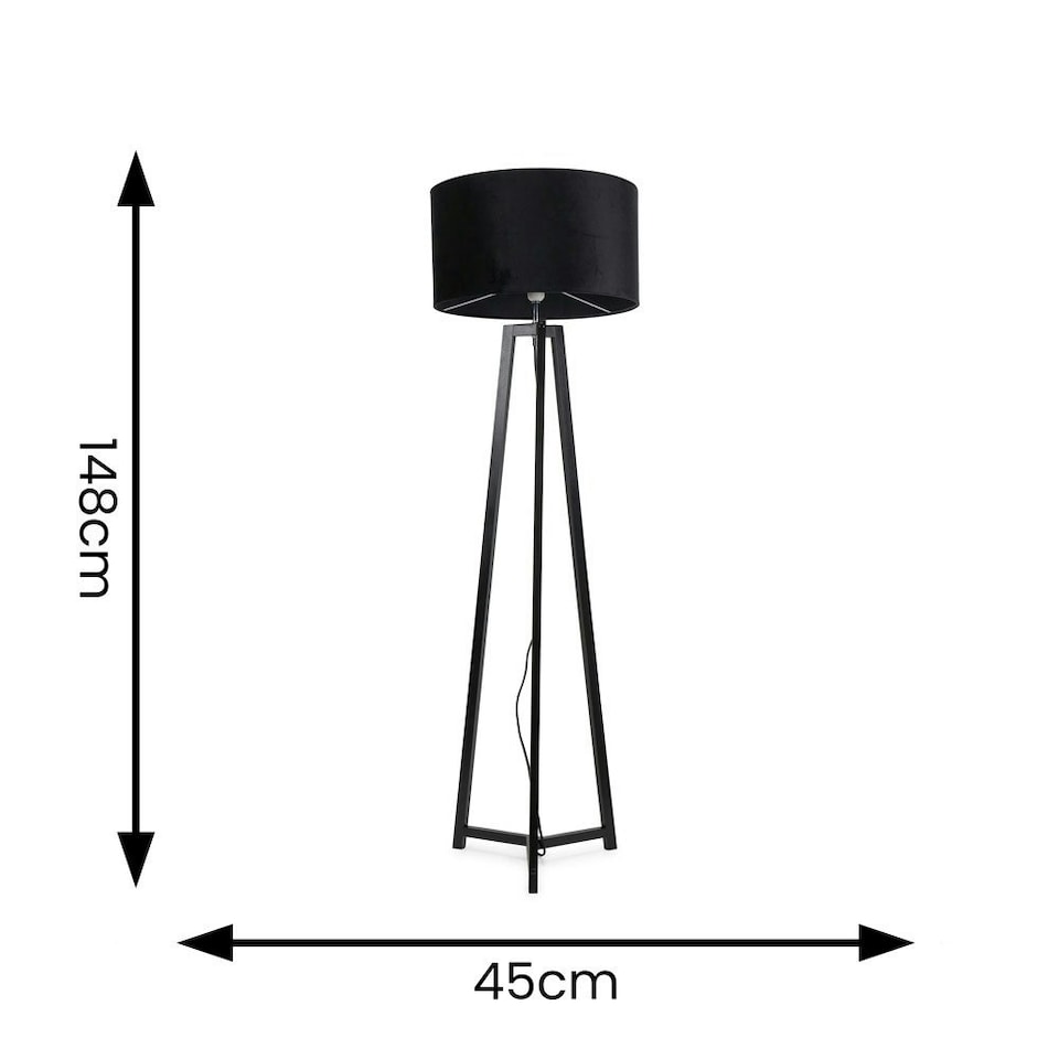 image 1 of ValueLights Lottie Black Wood Tripod Floor Lamp with Black Velvet Drum Shade | Black