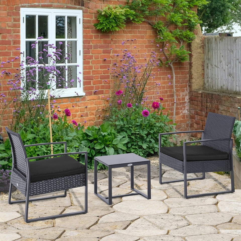 image 1 of Outsunny 3 Pieces Rattan Patio Bistro Set 2 Chairs Coffee Side Table Set, Black