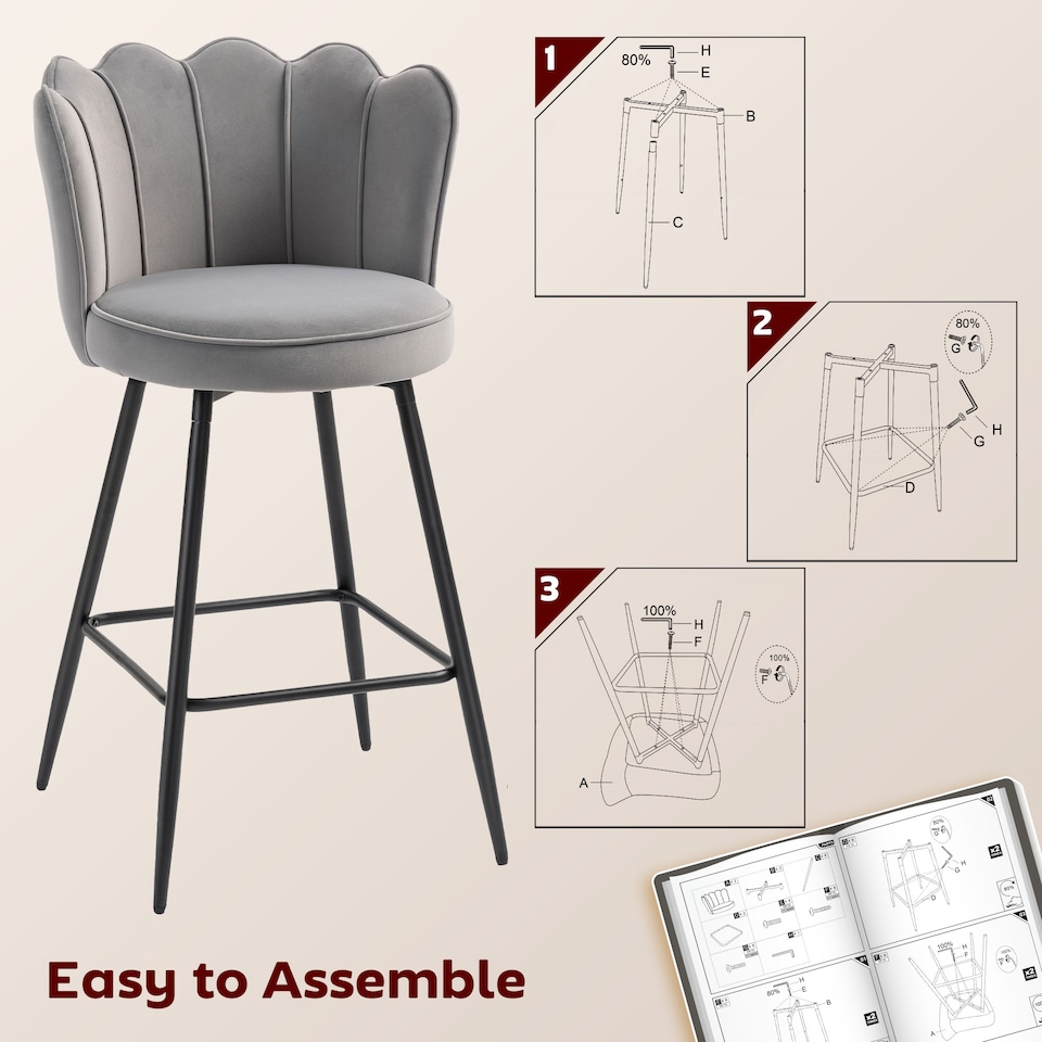 image 1 of HOMCOM Bar Stools Set of 2, Modern Velvet-Feel Barstools with Petal Backrest and Footrest, Upholstered Breakfast Bar Chairs with Metal Legs for Kitchen Island Counter, Dining Room, Grey | Grey | Grey | 2