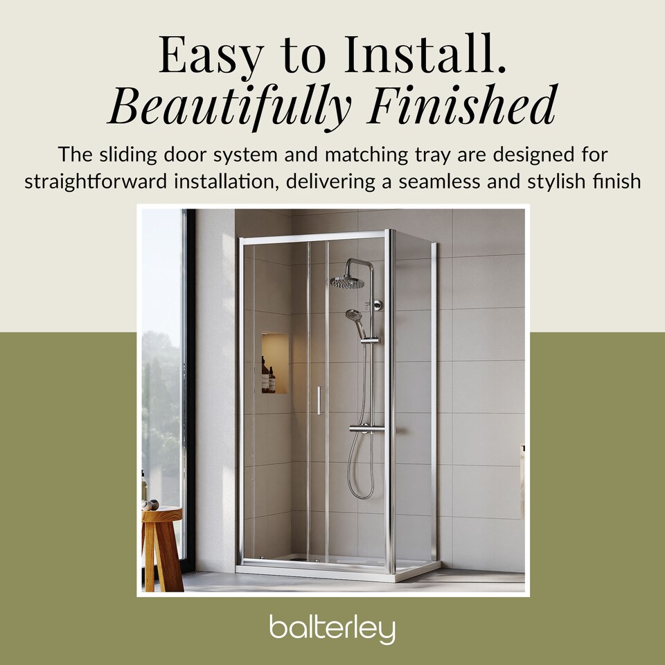 image 1 of Balterley Sliding Shower Door Suite: Safety Glass Sliding Door, Side Panel & Resin Shower Tray | Silver | Chrome | 3