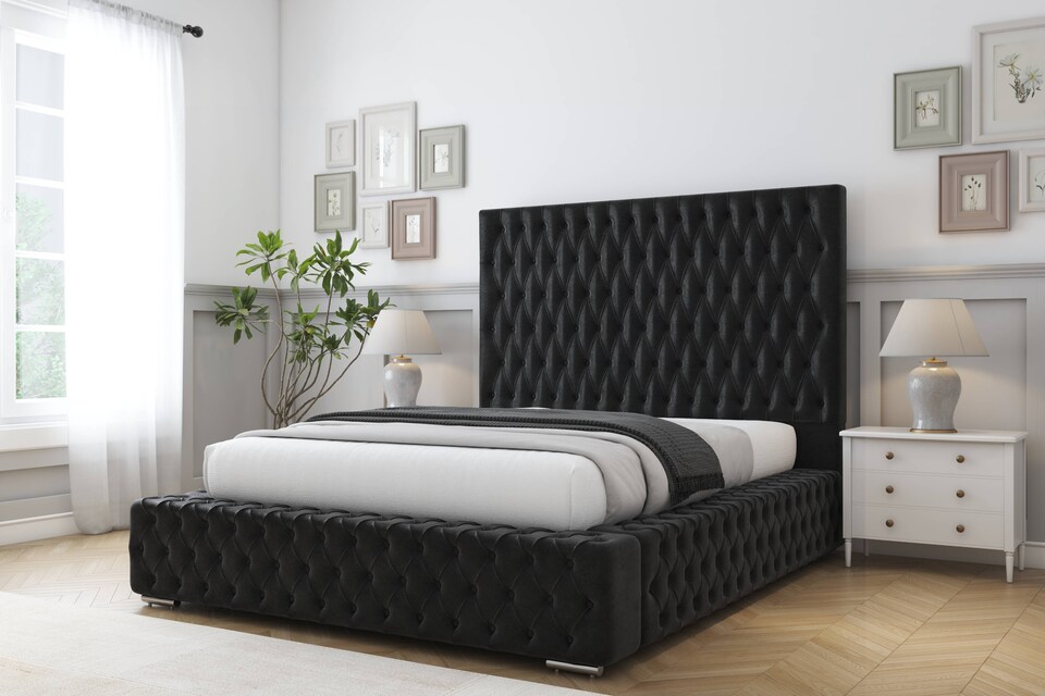image 1 of Sloomy Ambassador Black Plush Bed Frame With Mattress With 50"  Upholstered Headboard 4' Small Double