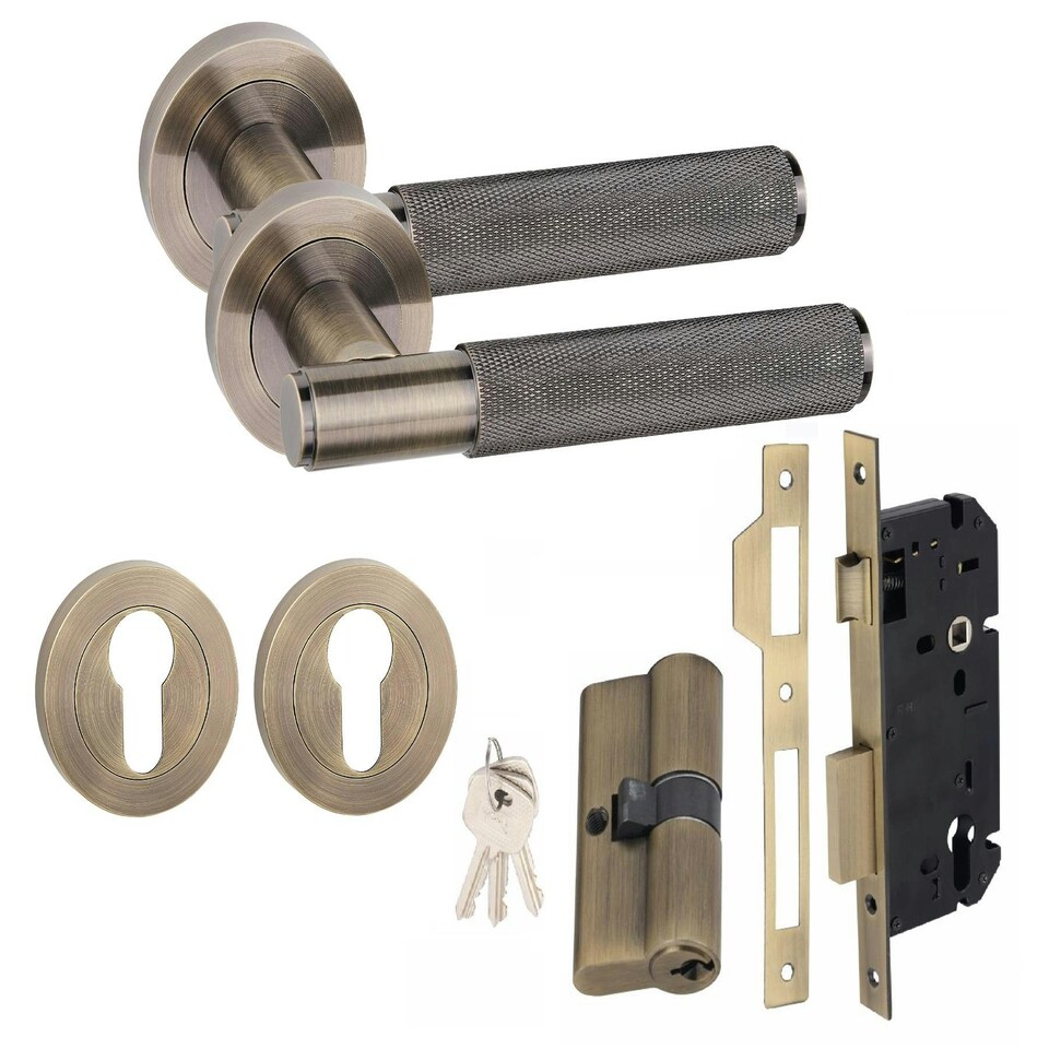 image 1 of Golden Grace Straight T-Bar Knurled Euro Lock Door Handle Set in Antique Brass with 70mm Key and Deadbolt Bronze