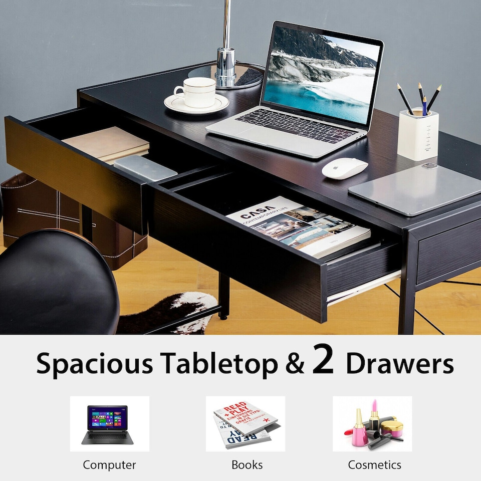 image 1 of COSTWAY Computer Desk Wooden Writing Workstation Black Black