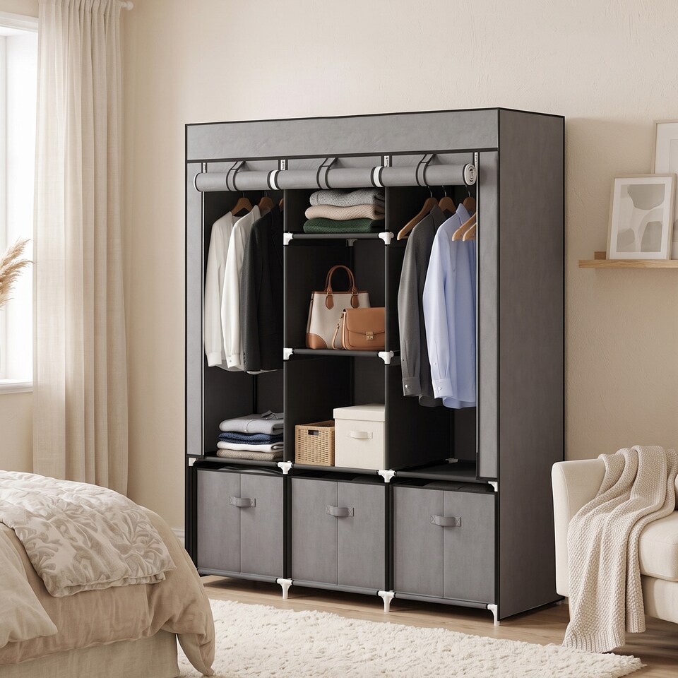 image 1 of HOMCOM Large Fabric Wardrobe Closet 2 Rails, 5 Shelves 3 Drawers, Dark Grey