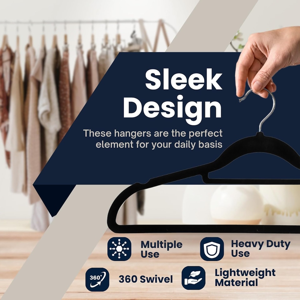 image 1 of Sasha Morel 50-Pack Black Velvet Coat Hangers, Non-Slip Space-Saving Clothes Hangers