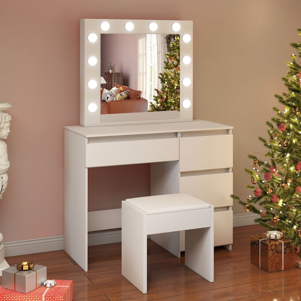 image 1 of Levede Dressing Table Vanity Set Stool Makeup LEDs Mirror Jewellery Organizer | White