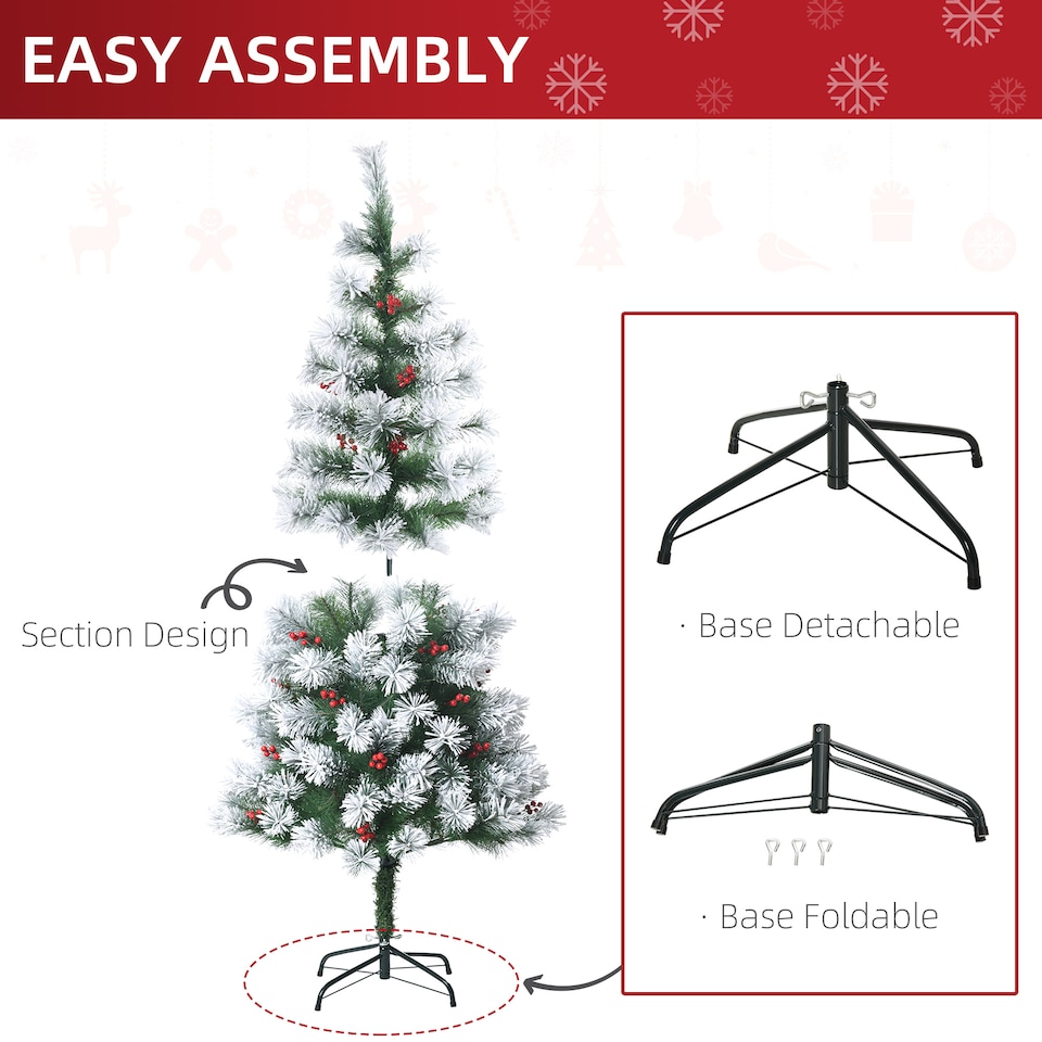 image 1 of HOMCOM Indoor Christmas Tree Artificial Berry mas Decoration with Metal Stand and 184 Tips (5FT(150CM))