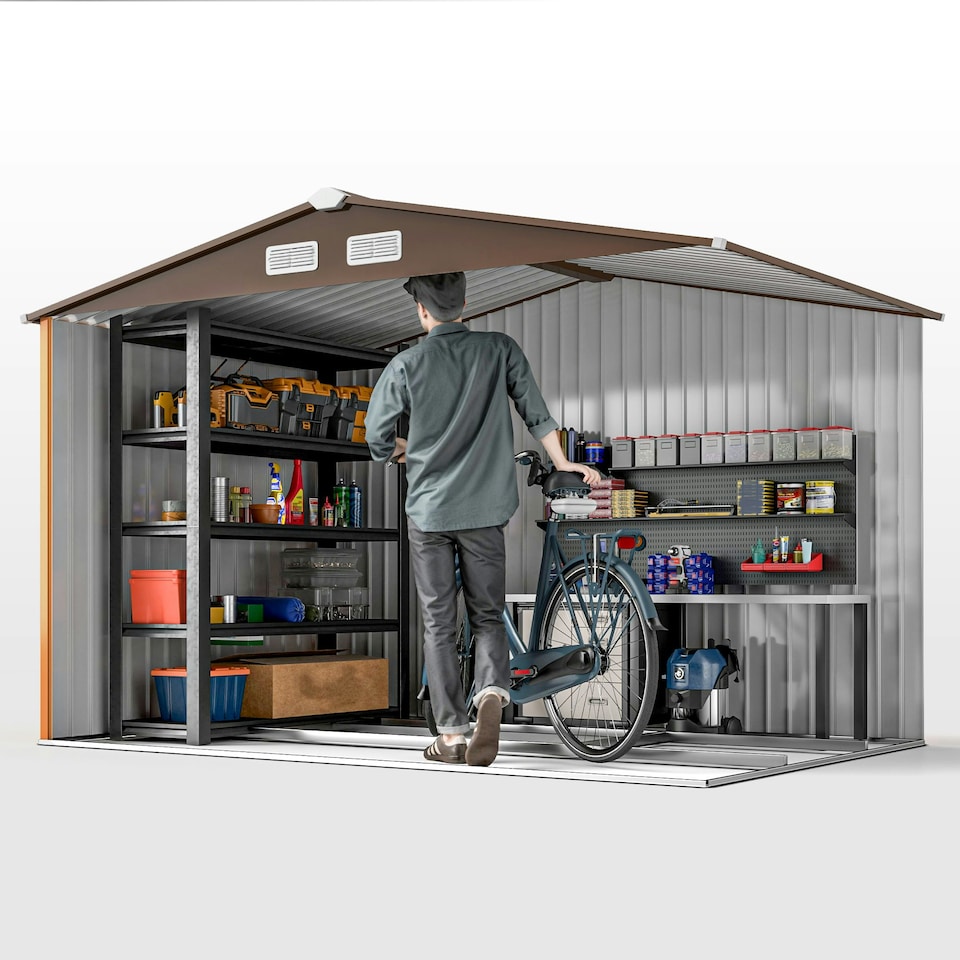 image 1 of Outsunny 9 x 6FT Galvanised Garden Storage Shed w/Sliding Door, Light Brown