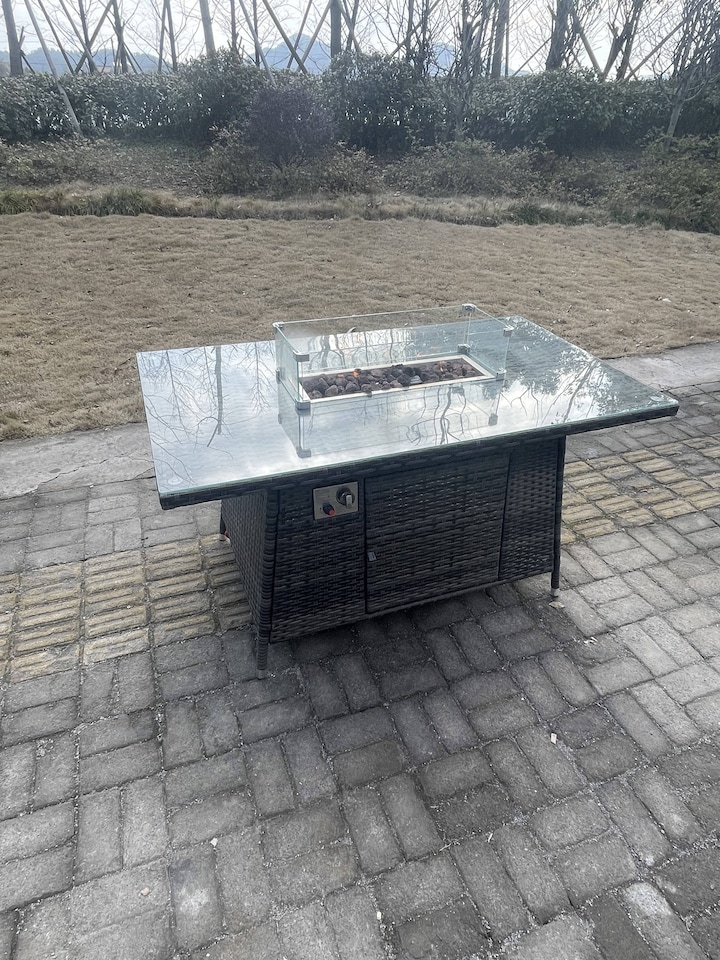 image 1 of Fimous 6 Seater Outdoor Rattan Sofa Set Garden Furniture Gas Firepit Set Dining Table Heater Dark Grey Mixed