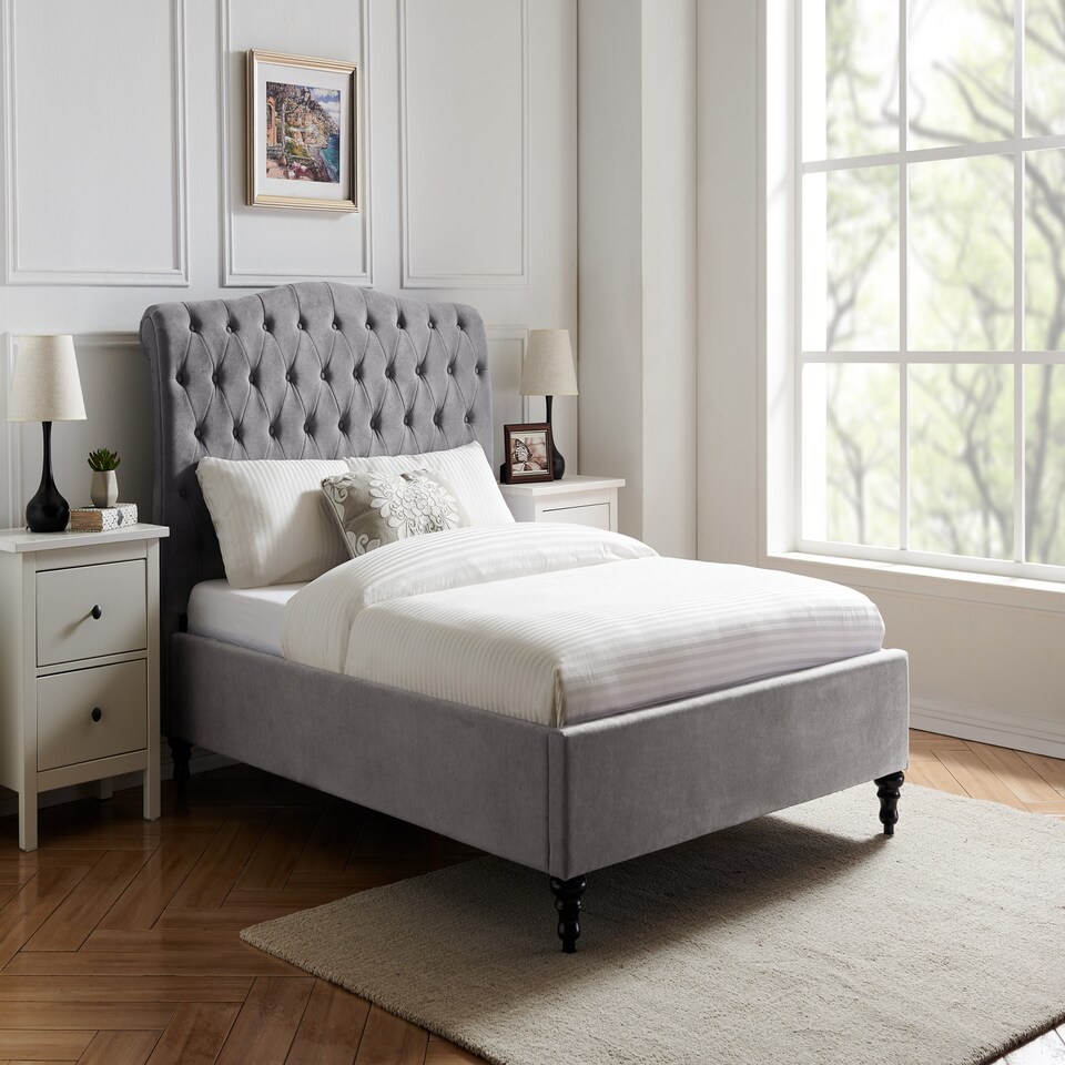 image 1 of 6ft Super King fabric upholstered,light grey,buttoned back,curved bed frame,bedstead