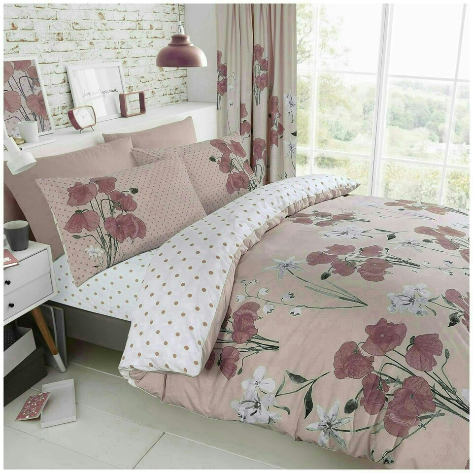 image 1 of VELVETIO Poppy Flower Duvet Cover Set Reversible Polycotton Easy Care Beddings Pink | Blush Pink | King