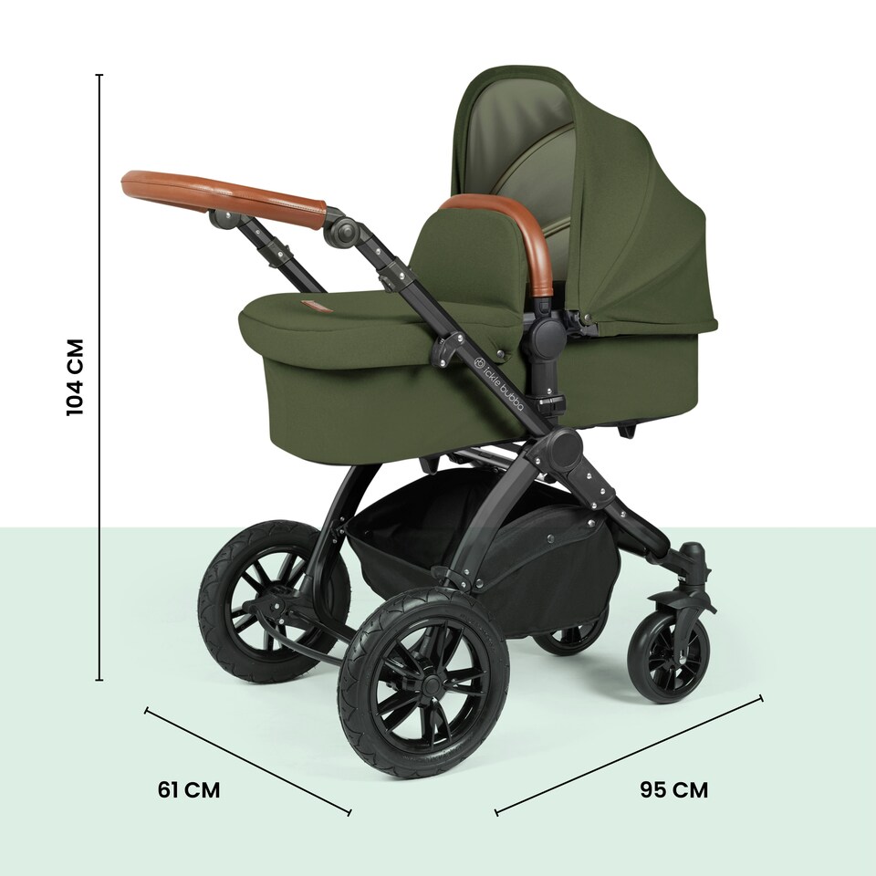 image 1 of Stomp Luxe 12pc Travel System with Cirrus i-Size Car Seat & ISOFIX Base, Carrycot, Reversible Seat, Rain Cover & More (Black/Woodland/Tan)