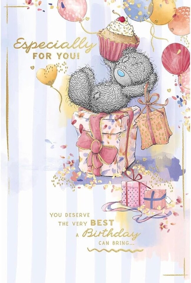 image 1 of Bear Sat On Gift With Cup Cake Especially For You Birthday Card