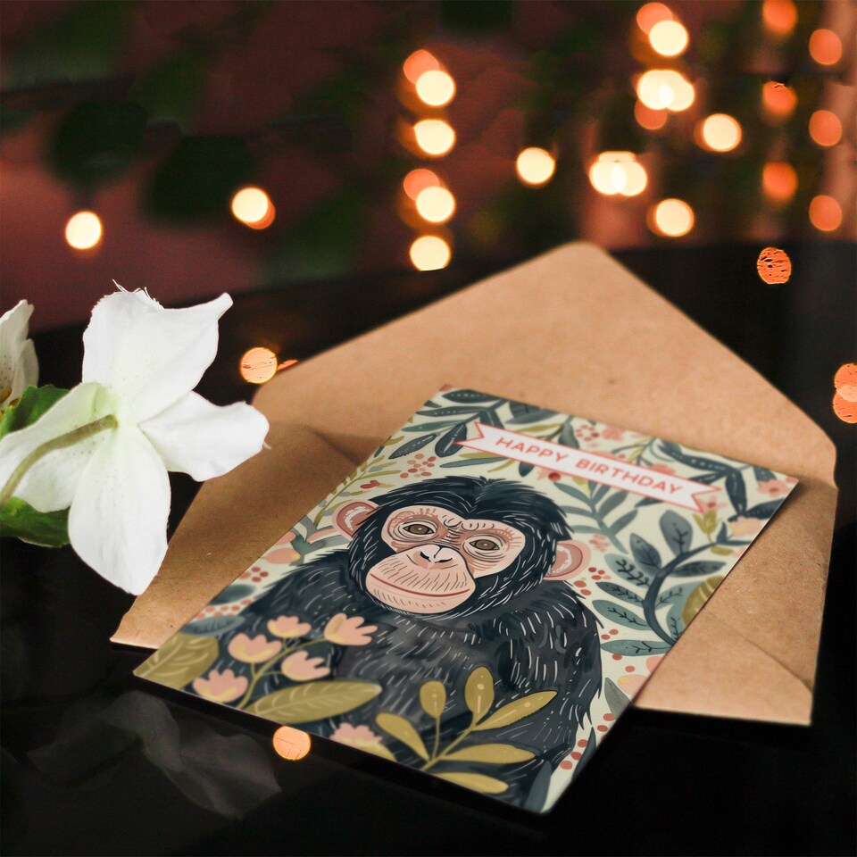 image 1 of Chimpanzee Ape Monkey in Floral Jungle Watercolour Birthday Card