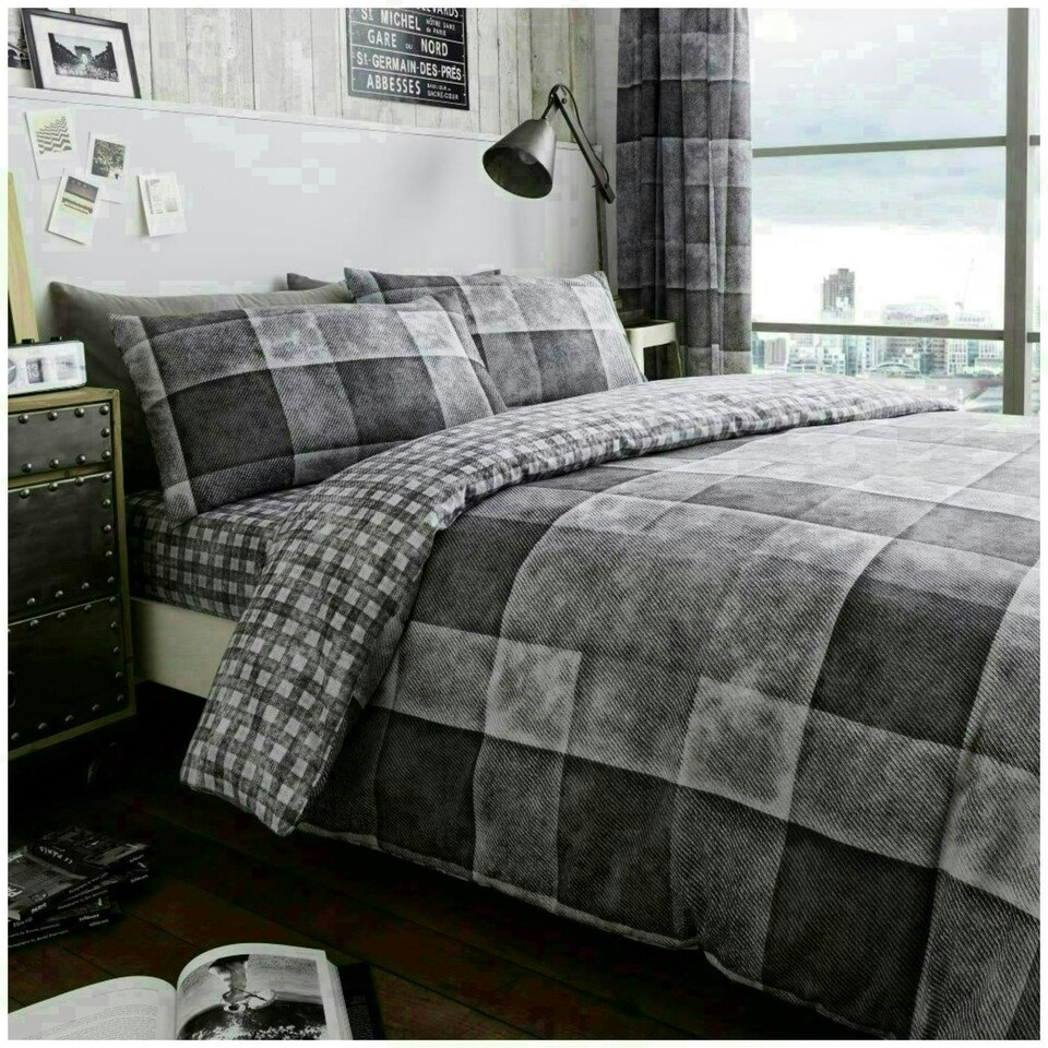 image 1 of VELVETIO Denim Check Printed Duvet Cover Set Reversible Polycotton Beddings Grey | King