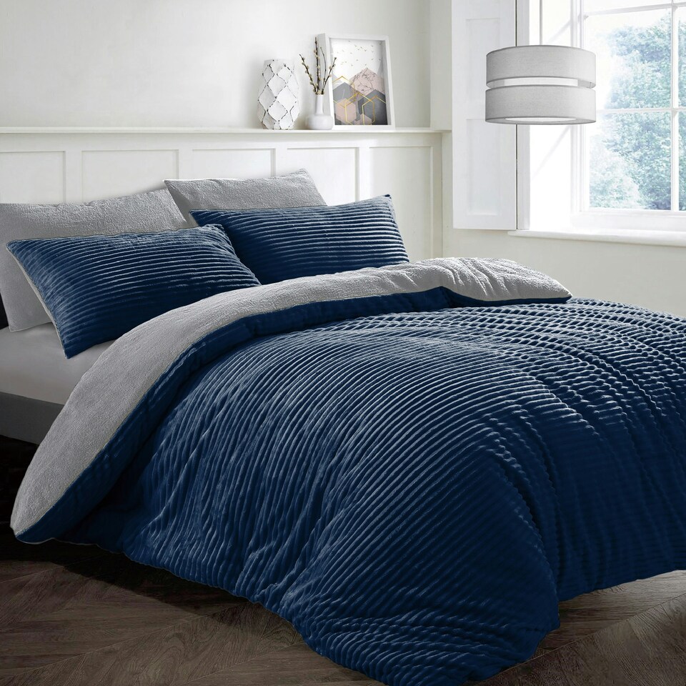 image 1 of Velosso Plush Corduroy Teddy Fluffy and Warm Fleece Duvet Cover Set Blue | Navy | Super King