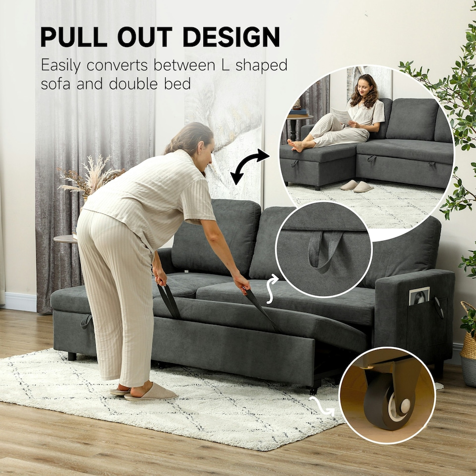 image 1 of HOMCOM Pull Out Sofa Bed L Shape w/ Reversible Chaise Dark Grey Grey