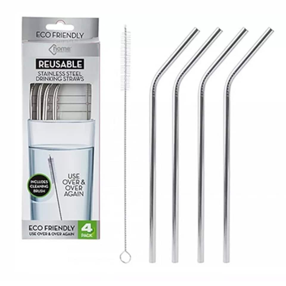image 1 of Stainless Steel Reusable Drinking Straws with Cleaning Brush - Pack of 4