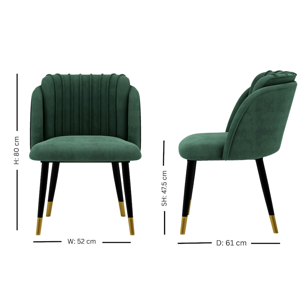 image 1 of Set of 4 Milano Velvet Dining Chairs with Stylish Ribbed Back Design, Black Metal Legs with Silver Tips | Green | Gold End Tips