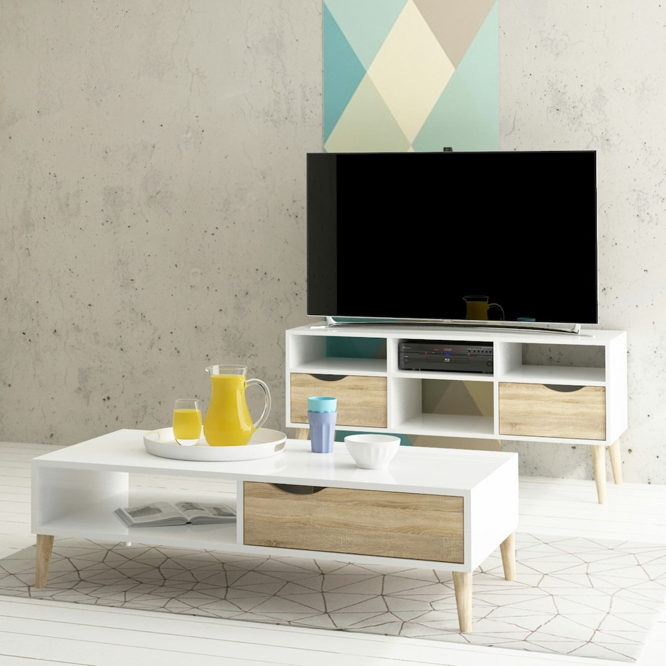 image 1 of Oslo TV Unit Wide 2 Drawers 4 Shelves in White and Oak