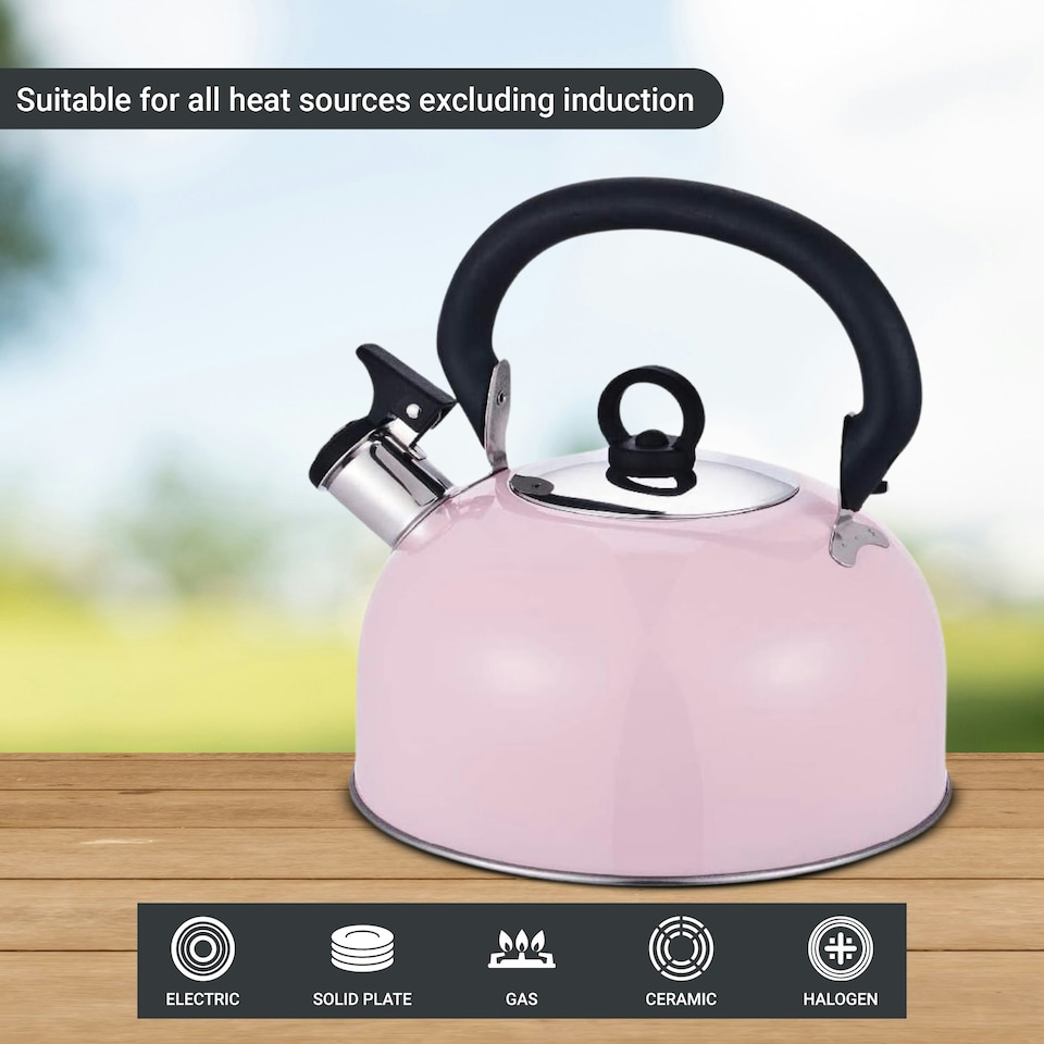 image 1 of Buckingham Stainless Steel Camping Whistling Kettle 2.5 Litre , Baby Pink