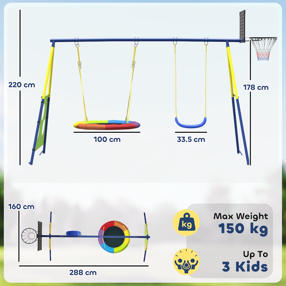 image 1 of AIYAPLAY 4-in-1 Kids Swing Set with Swing, Basketball Hoop, Football Goal