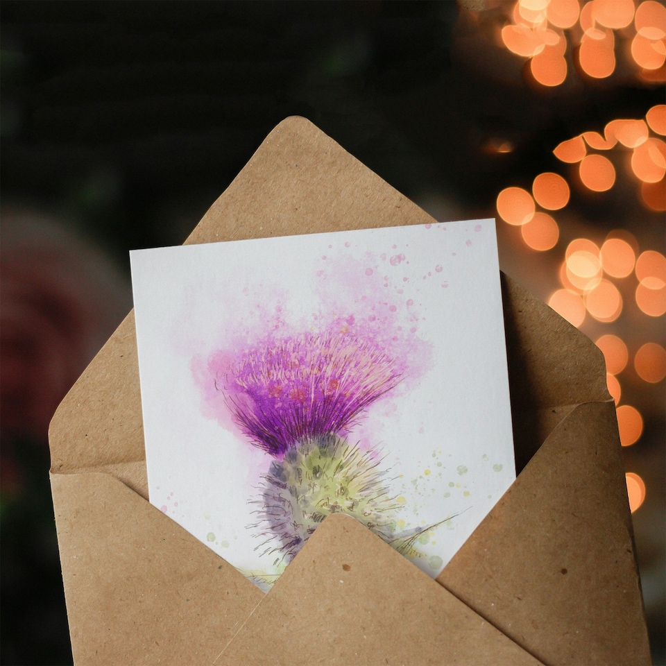 image 1 of Happy Birthday Scottish Thistle Flower Watercolor Birthday Card