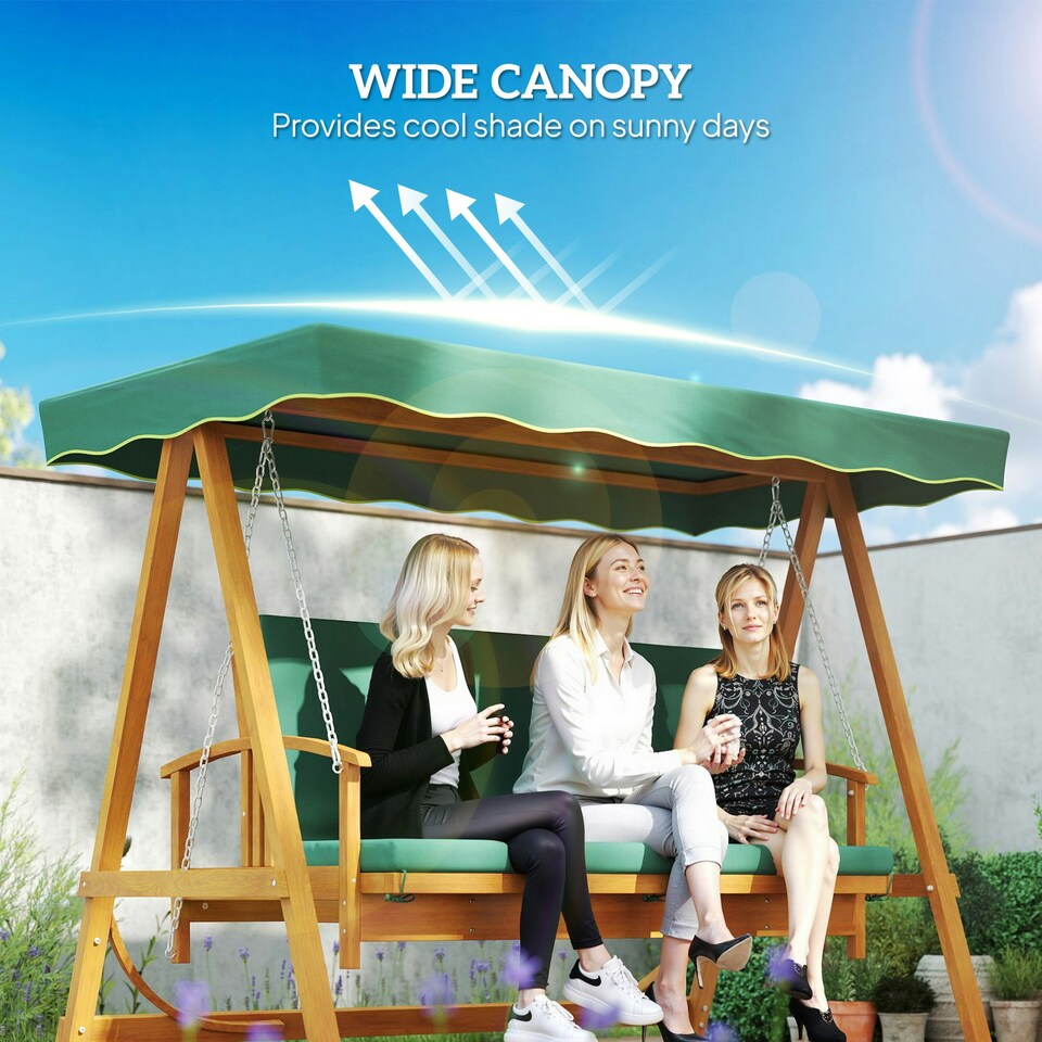 image 1 of Outsunny 3-Seater 2-in-1 Wooden Swing/Hammock Bench, Dark Green Green | Green