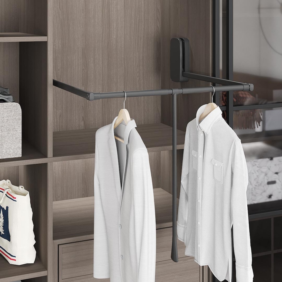 image 1 of FittingsCo, PullDown Wardrobe Rail, Extends 600 to 850mm Width, Soft Close, 15kg Capacity, Anthracite