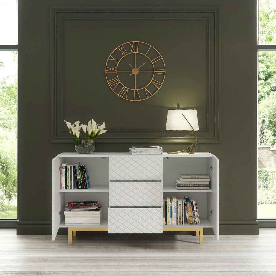 image 1 of White Sideboard with Diamond Pattern Fronts and Gold Legs – 140cm White