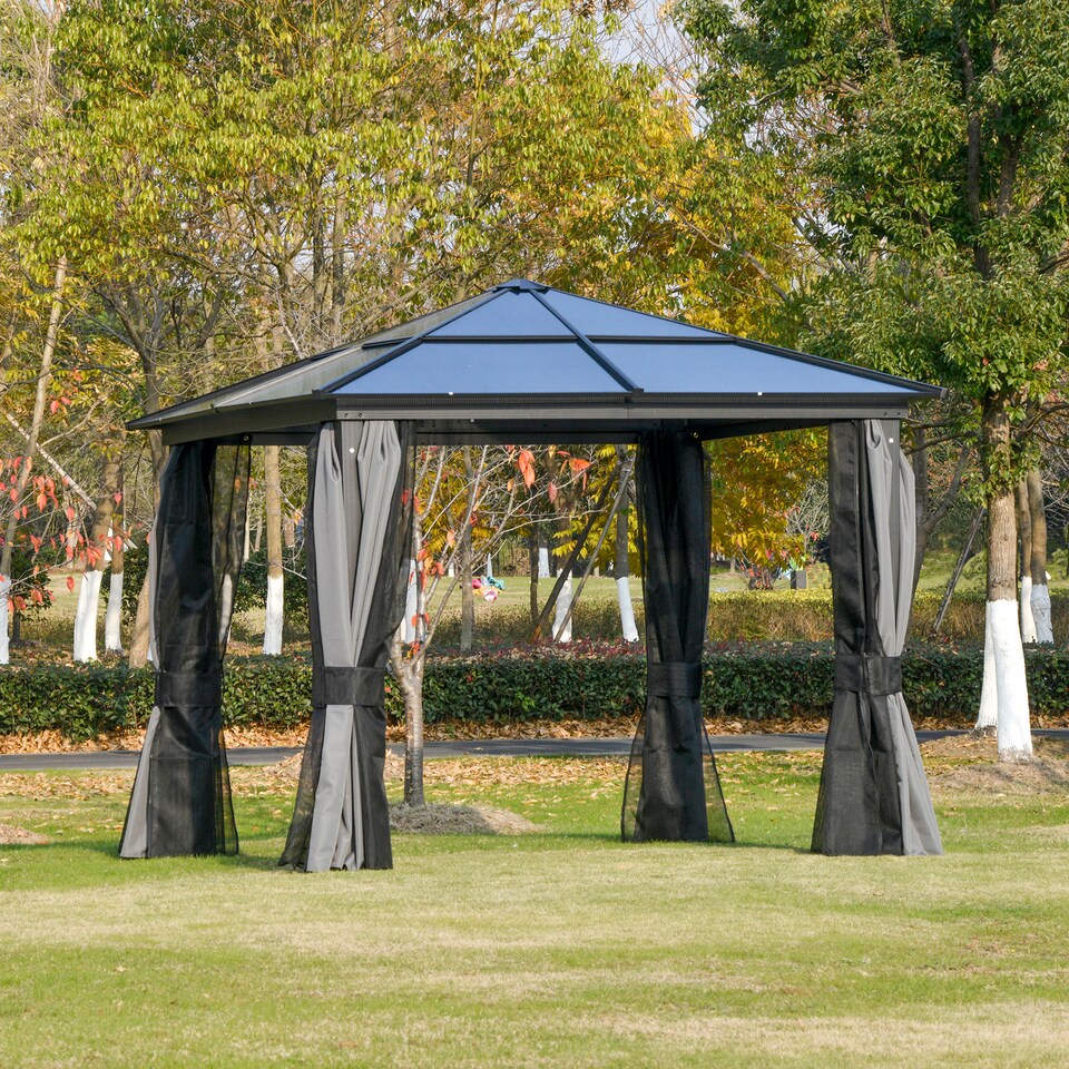 image 1 of Outsunny 3 x 3m Hardtop Gazebo Canopy with Polycarbonate Roof, Aluminium Frame, Permanent Pavilion Garden Gazebo with Netting and Curtains for Patio, Deck, Dark Grey