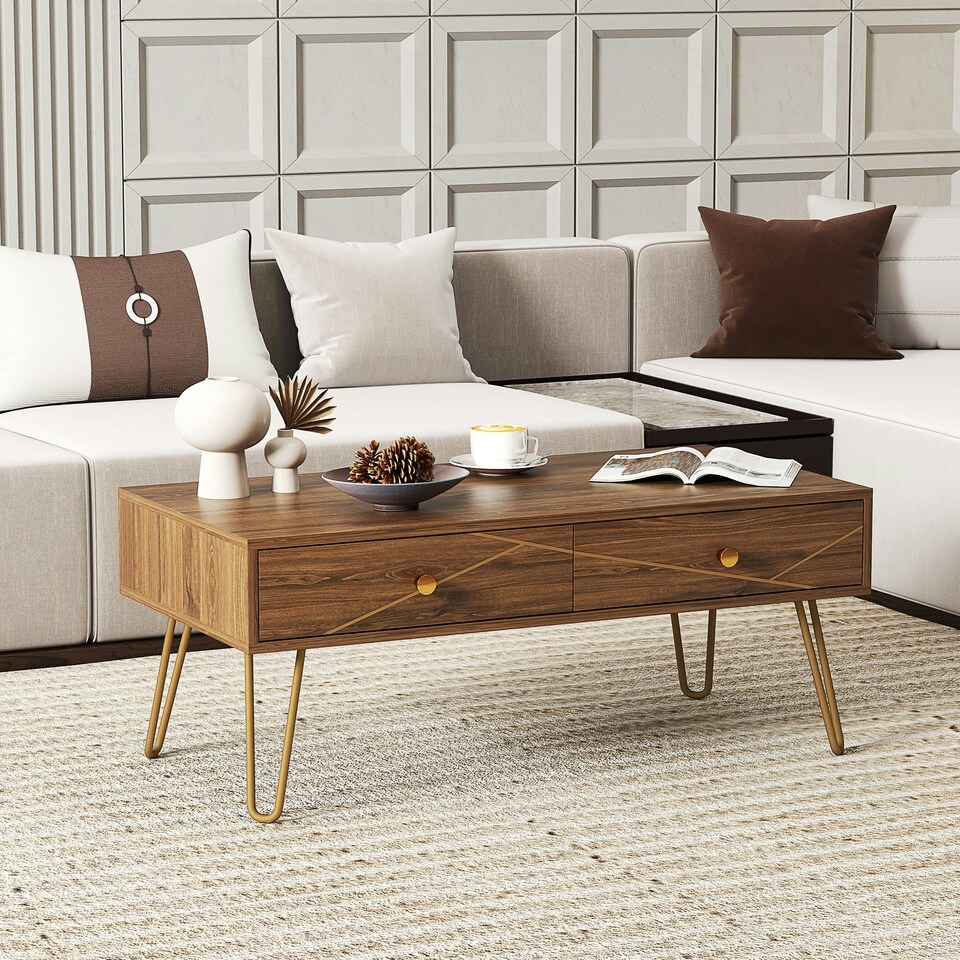 image 1 of HOMCOM Coffee Table with Drawers, Living Room Table with Steel Base Brown