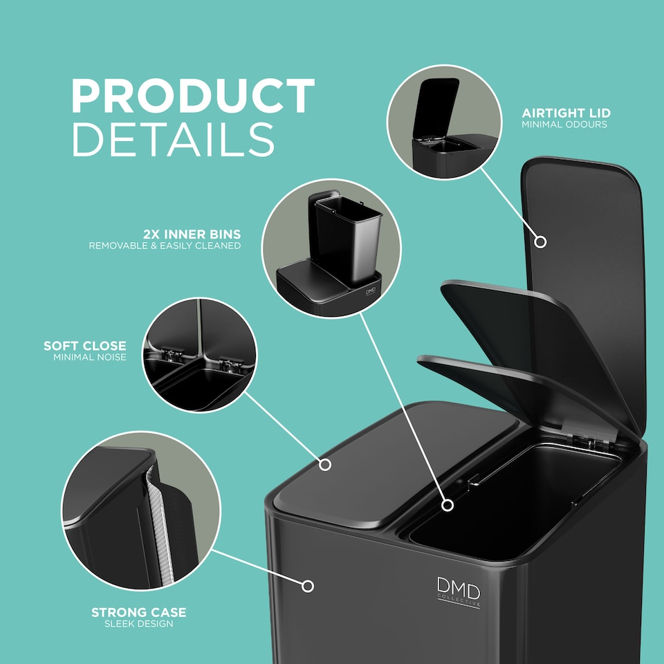 image 1 of DMD 30L Stainless Steel Recycling Bin, 2 x 15L Removable Plastic Recycling Buckets | Black | Black