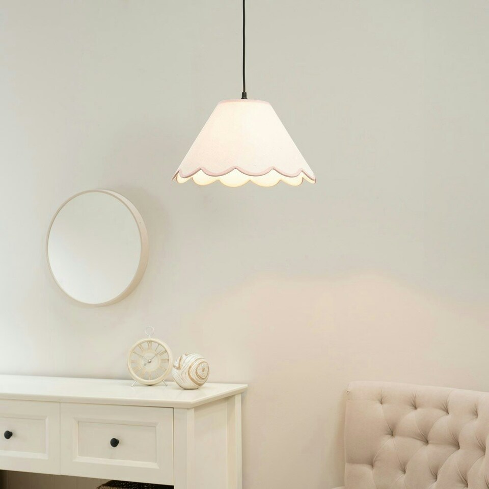 image 1 of ValueLights Florie Natural Linen Small Tapered Lamp Shade with Scallop Pink Trim