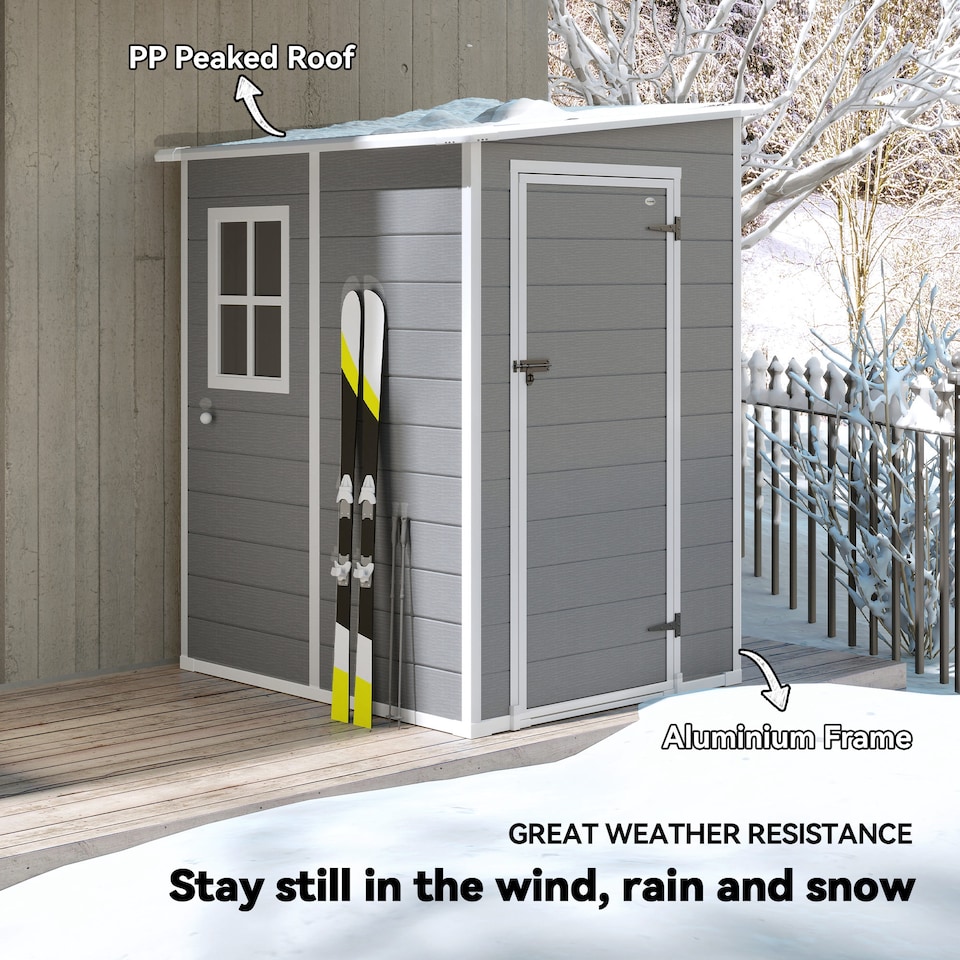 image 1 of Outsunny 4 x 5FT Plastic Garden Shed with Floor, Lean to Outdoor Storage Shed, Lockable Tool Storage House with Window, Vent and Plastic Roof, Grey