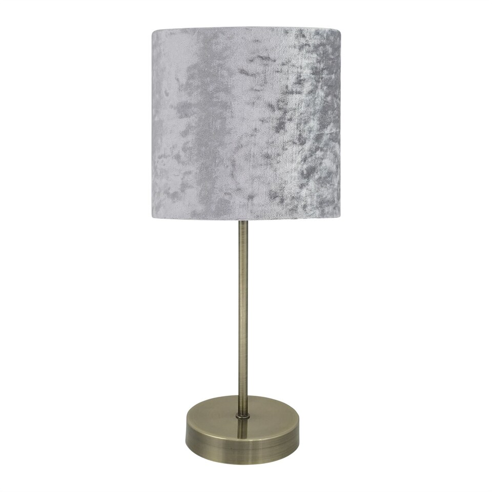 image 1 of Antique Brass Stick Table Lamp with Grey Crushed Velvet Shade