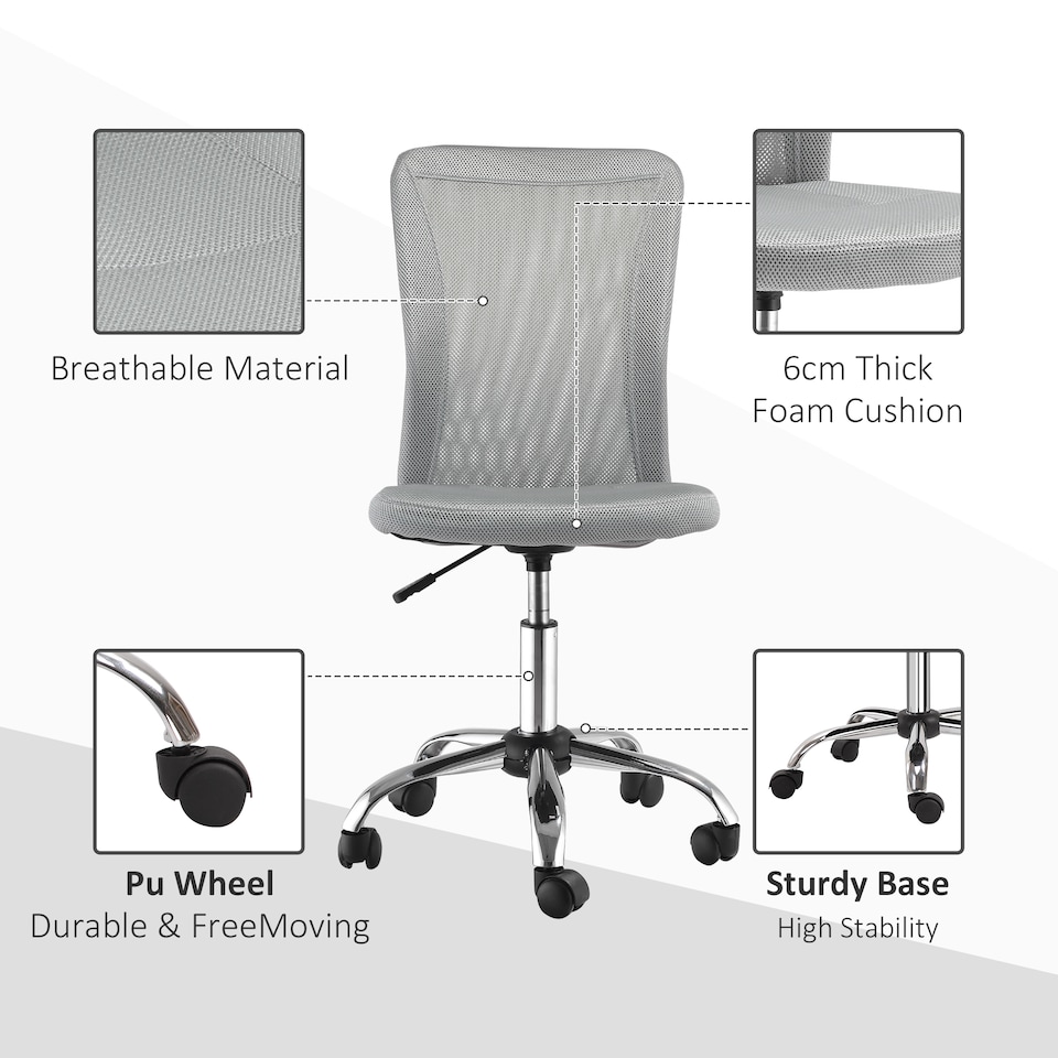image 1 of Vinsetto Office Chair, Armless Desk Chair, Adjustable Computer Swivel Chair with Rolling Wheels and Mesh Back for Home Work Study, Grey
