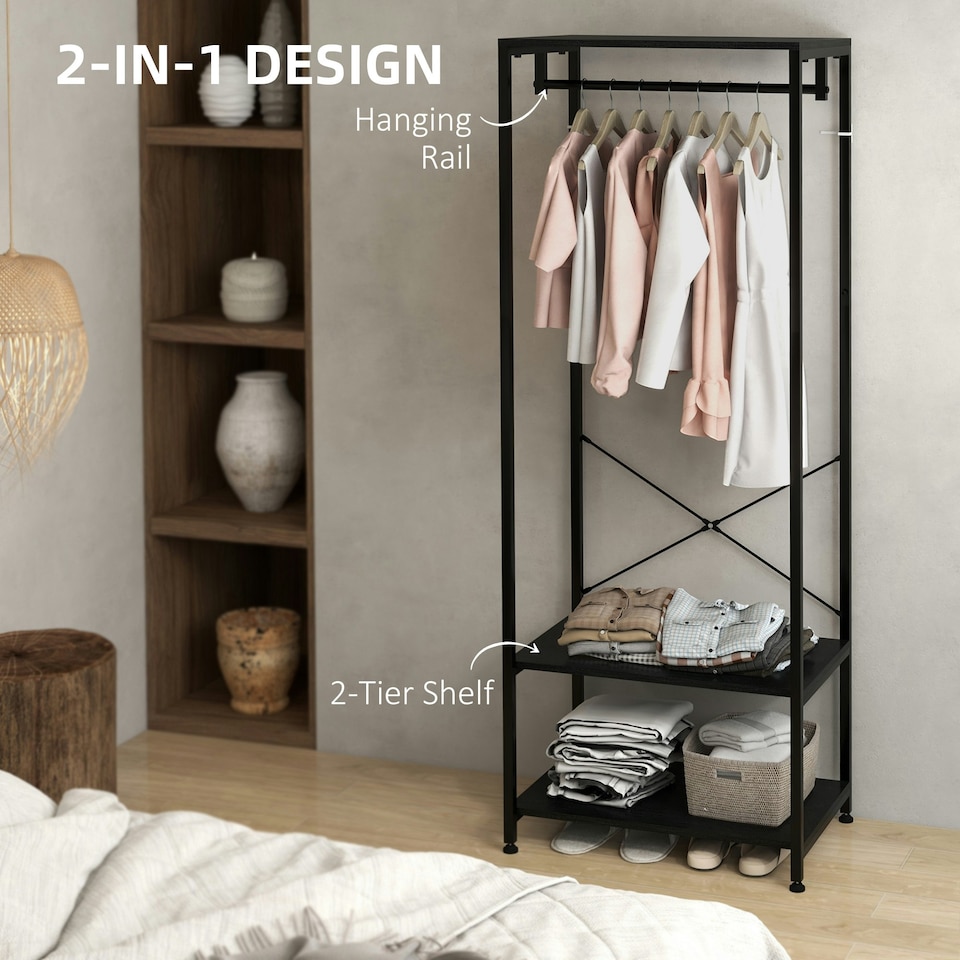 image 1 of HOMCOM Coat Rack, 2-in-1 Clothes Stand with Shoe Storage, Black