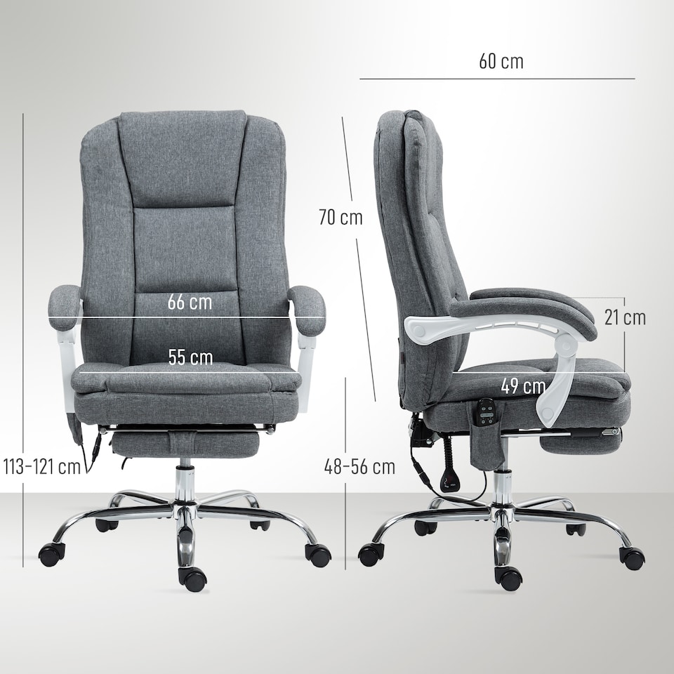 image 1 of HOMCOM Office Chair with 6-point Massage and Heat, Fabric Computer Desk Chair with Reclining Backrest, High Back, Height Adjustable, Swivel Wheels, Footrest, Remote, for Home, Grey