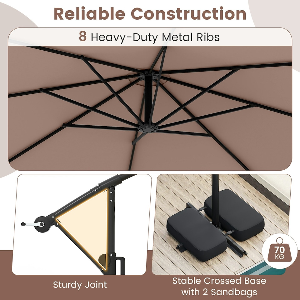 image 1 of COSTWAY 290 cm Solar Offset Hanging Sunshade Parasol Coffee Brown