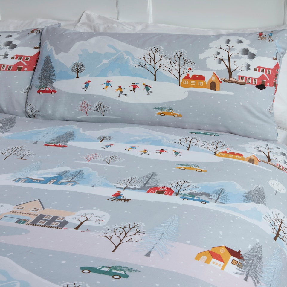 image 1 of Winter Town Polycotton Duvet Cover Set with Pillowcase Multi | Double
