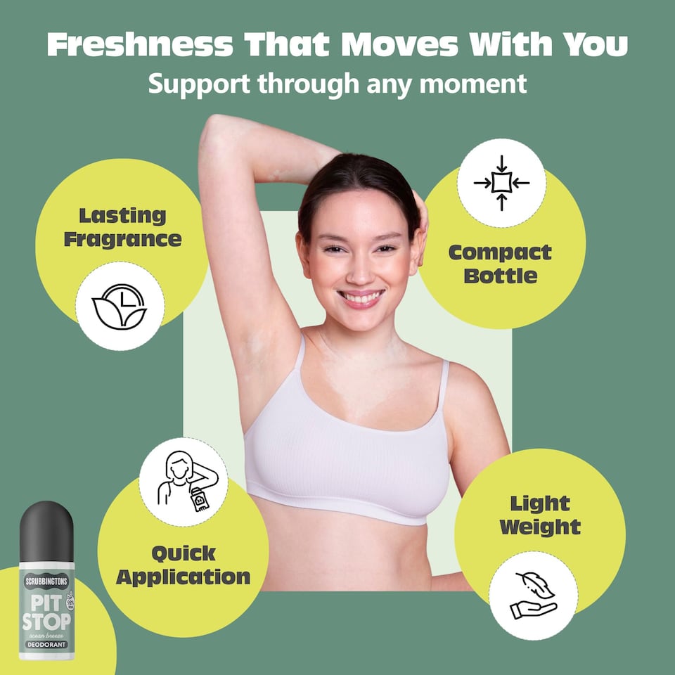 image 1 of Scrubbingtons Pit Stop Natural Deodorant For Women, Men, Roll On For Sensitive Skin Made in UK Paediatrician approved, Aluminium & Alcohol Free, Vegan & Cruelty Free, Ocean Breeze 75ml | Multi | 1