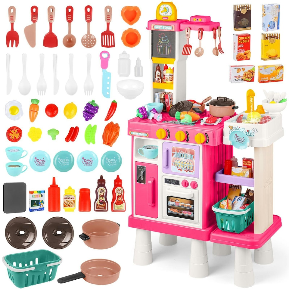image 1 of Large Kitchen Playset for Kids (Pink) - Pretend Cooking Toy Gift for Boys & Girls