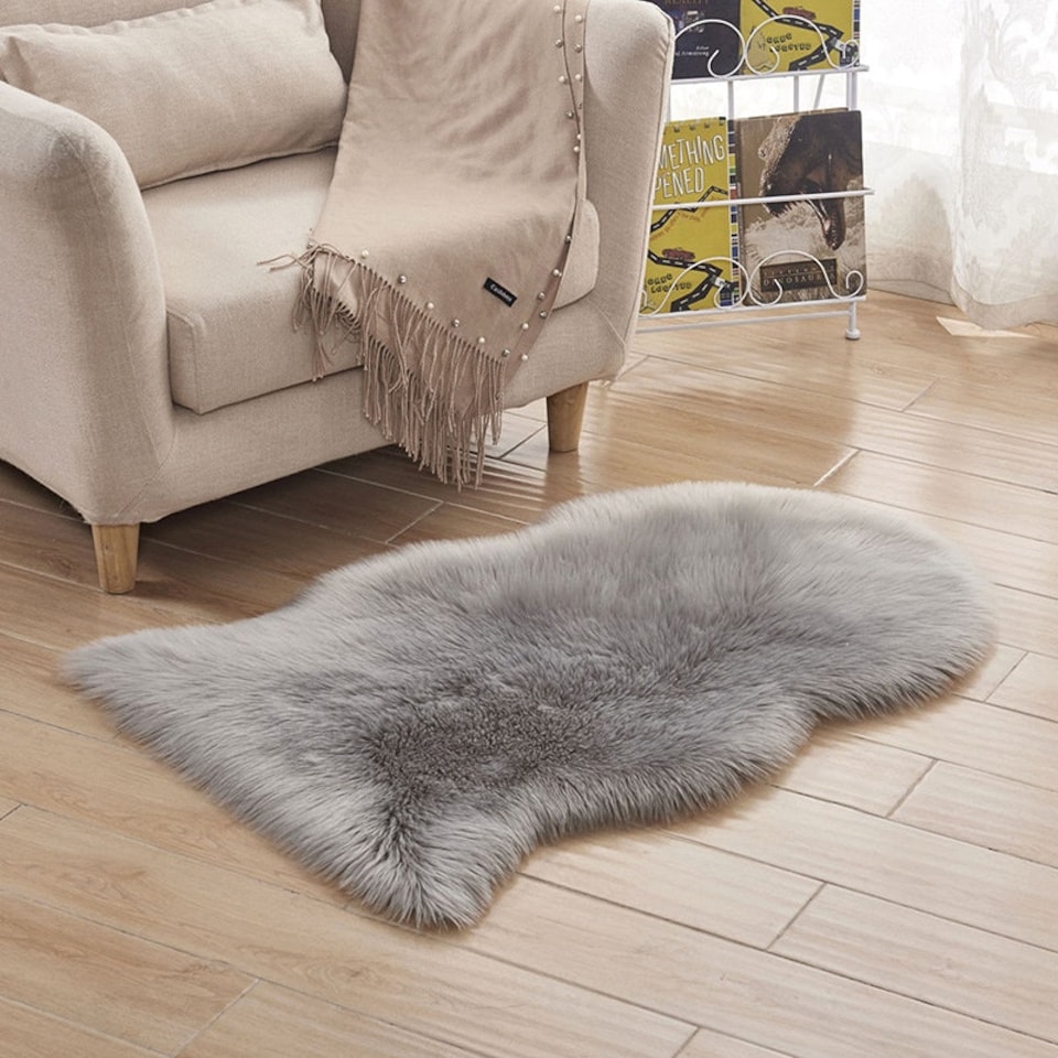 image 1 of Living and Home Irregular Shaped Super Soft Shaggy Area Rug, Grey, 90x60cm