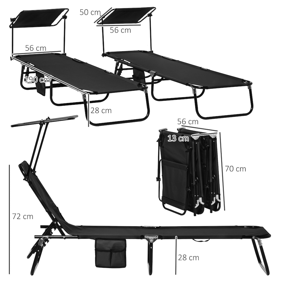 image 1 of Outsunny 2 Piece Folding Sun Loungers with Adjustable Backrest, Sunshade, Black
